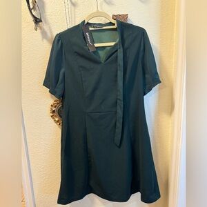 Allegra K Forest Green Mini Dress with Neck Tie